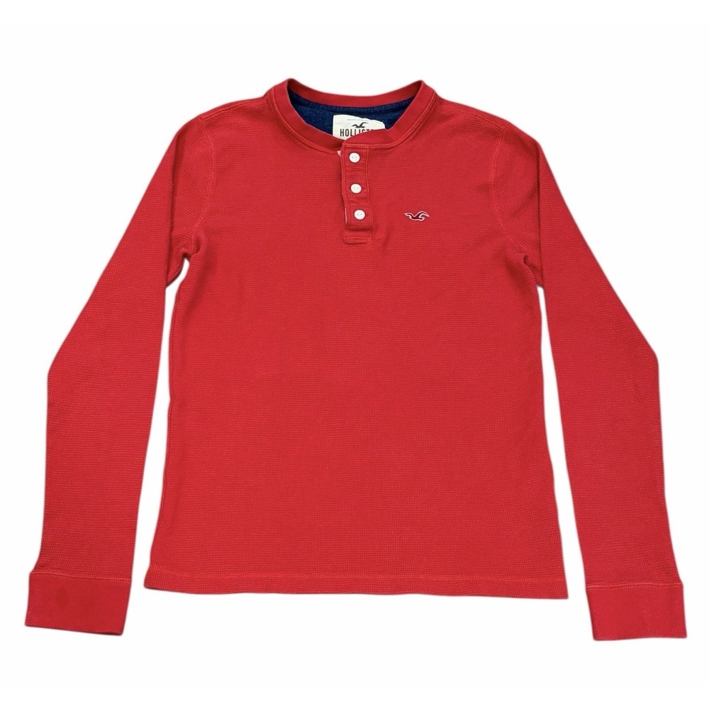 Hollister Mens Long‎ Sleeve Waffle Knit Thermal Henley Shirt Medium Red Preppy